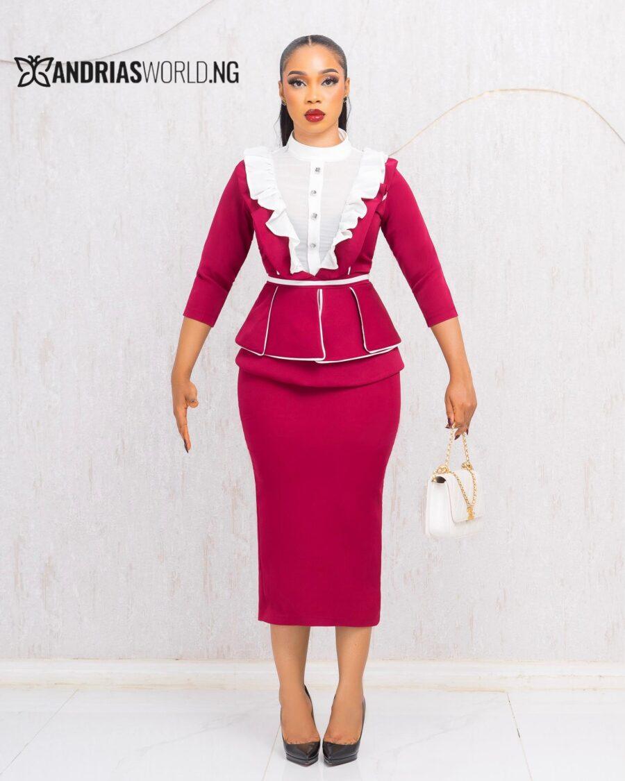 WINE AND WHITE PEPLUM TOP AND SKIRT SET