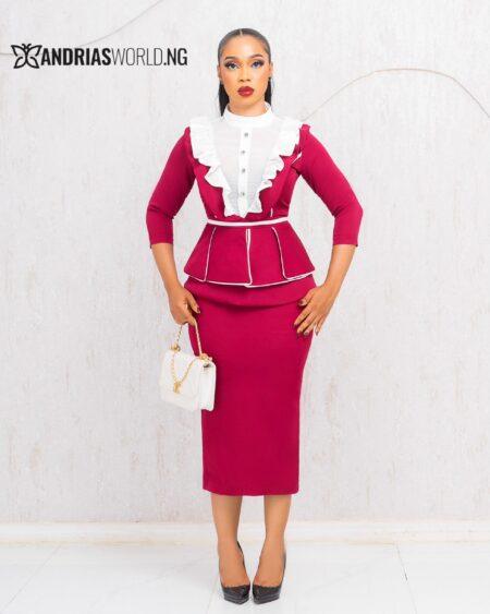 WINE AND WHITE PEPLUM TOP AND SKIRT SET