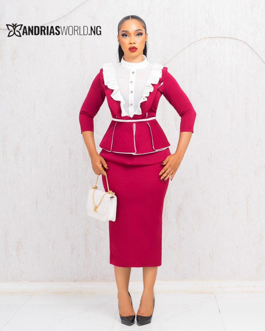 WINE AND WHITE PEPLUM TOP AND SKIRT SET