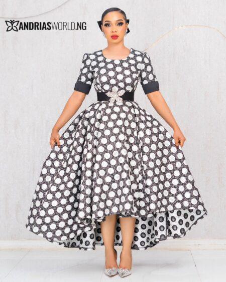 BLACK AND WHITE DAMASK PATTERN SKATER DRESS WITH BELT