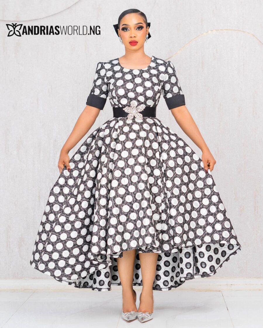 BLACK AND WHITE DAMASK PATTERN SKATER DRESS WITH BELT
