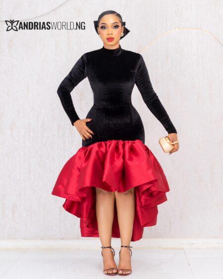 BLACK VELVET DRESS WITH RED MIKADO FINISH