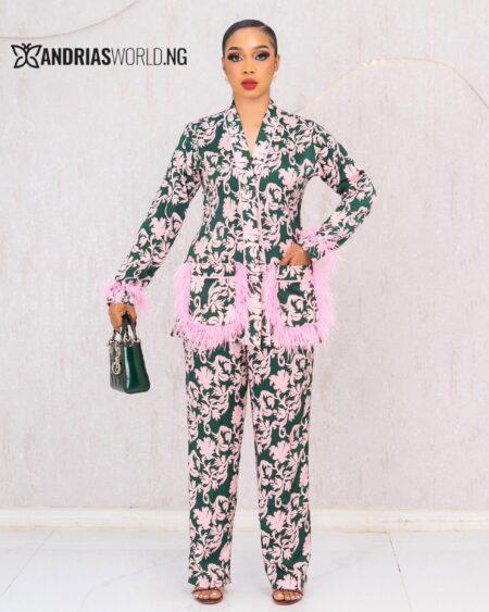 PINK AND GREEN FLORAL TROUSER SET WITH FEATHERS
