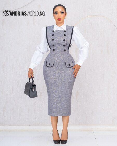 GREY PINAFORE DRESS WITH WHITE SHIRT