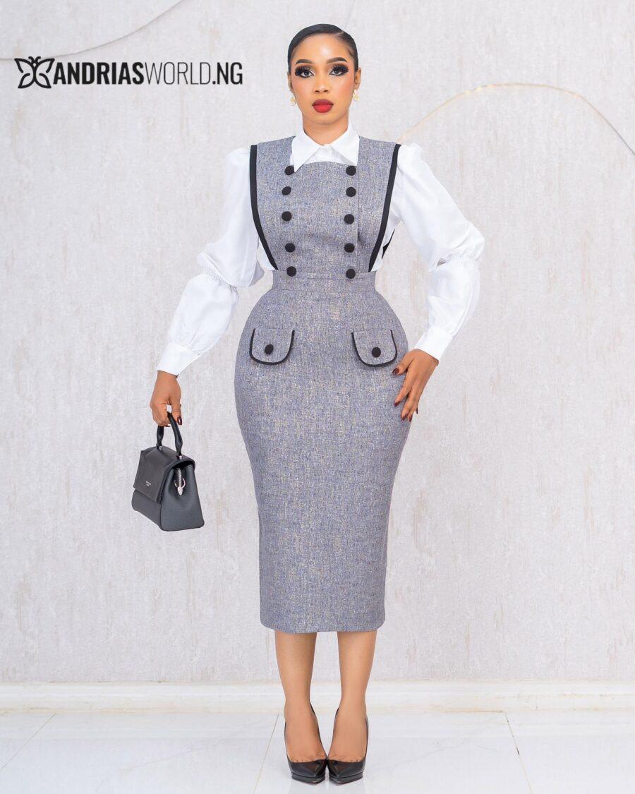 GREY PINAFORE DRESS WITH WHITE SHIRT