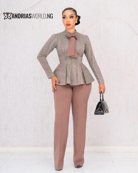 BROWN TWEED PEPLUM TROUSER SET WITH BOW