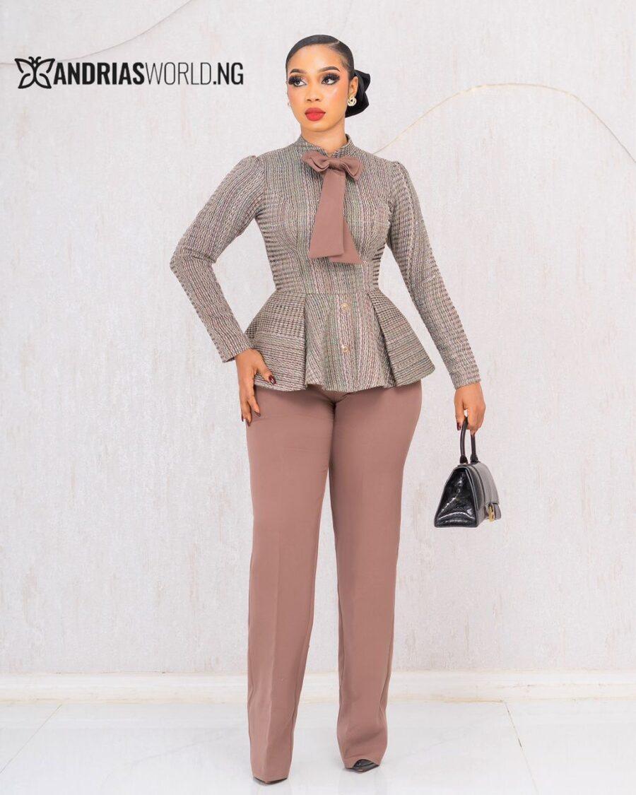 BROWN TWEED PEPLUM TROUSER SET WITH BOW