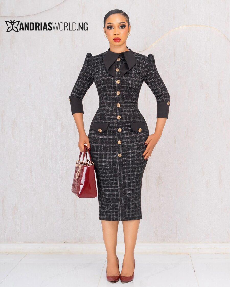 BLACK CHECK MIDI BUTTON DRESS