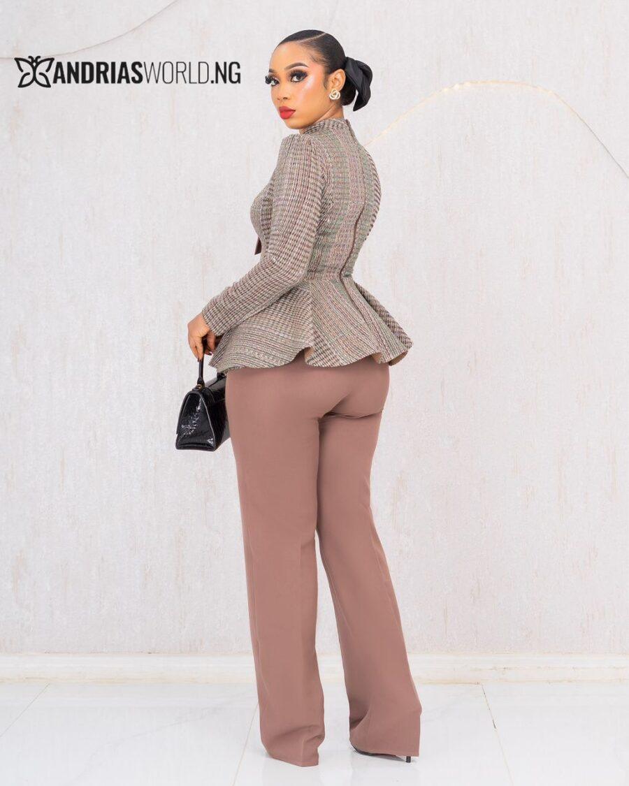 BROWN TWEED PEPLUM TROUSER SET WITH BOW