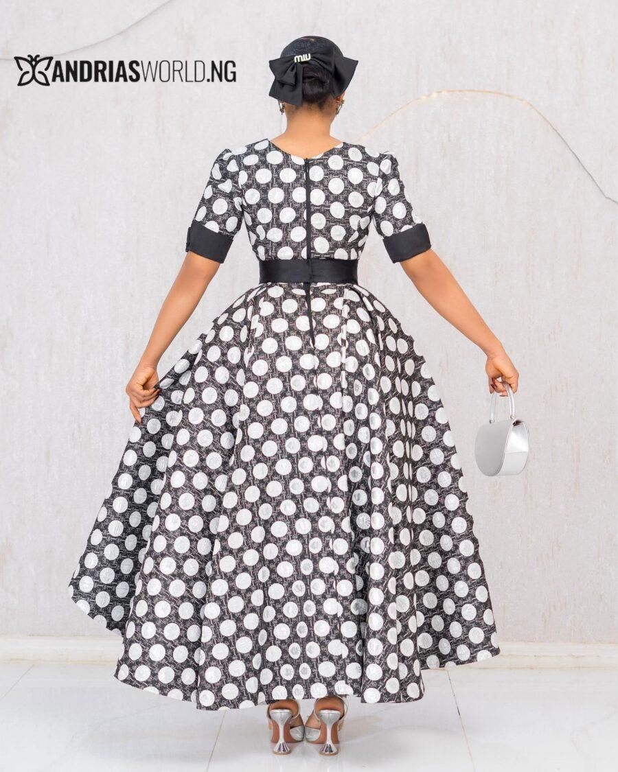 BLACK AND WHITE DAMASK PATTERN SKATER DRESS WITH BELT