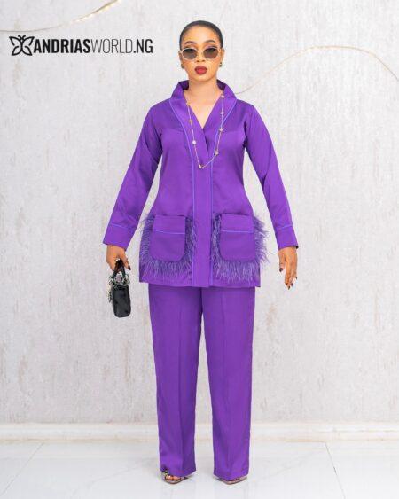PURPLE TROUSER SET WITH FEATHERS