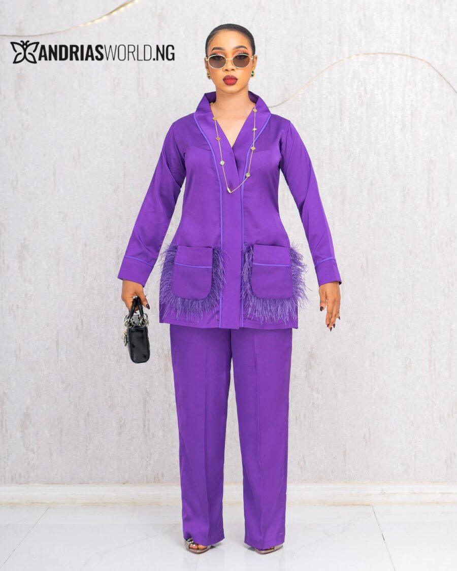 PURPLE TROUSER SET WITH FEATHERS