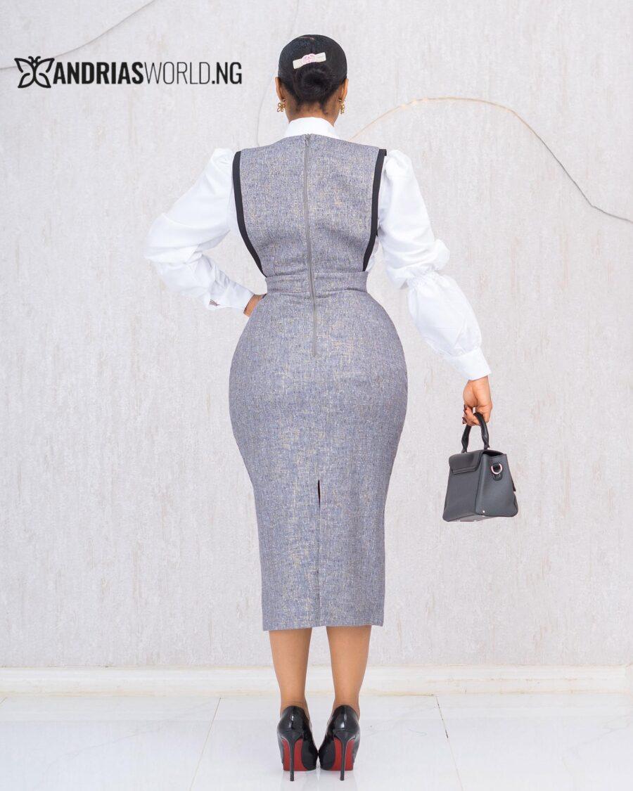 GREY PINAFORE DRESS WITH WHITE SHIRT
