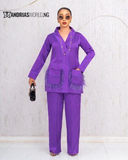 PURPLE TROUSER SET WITH FEATHERS