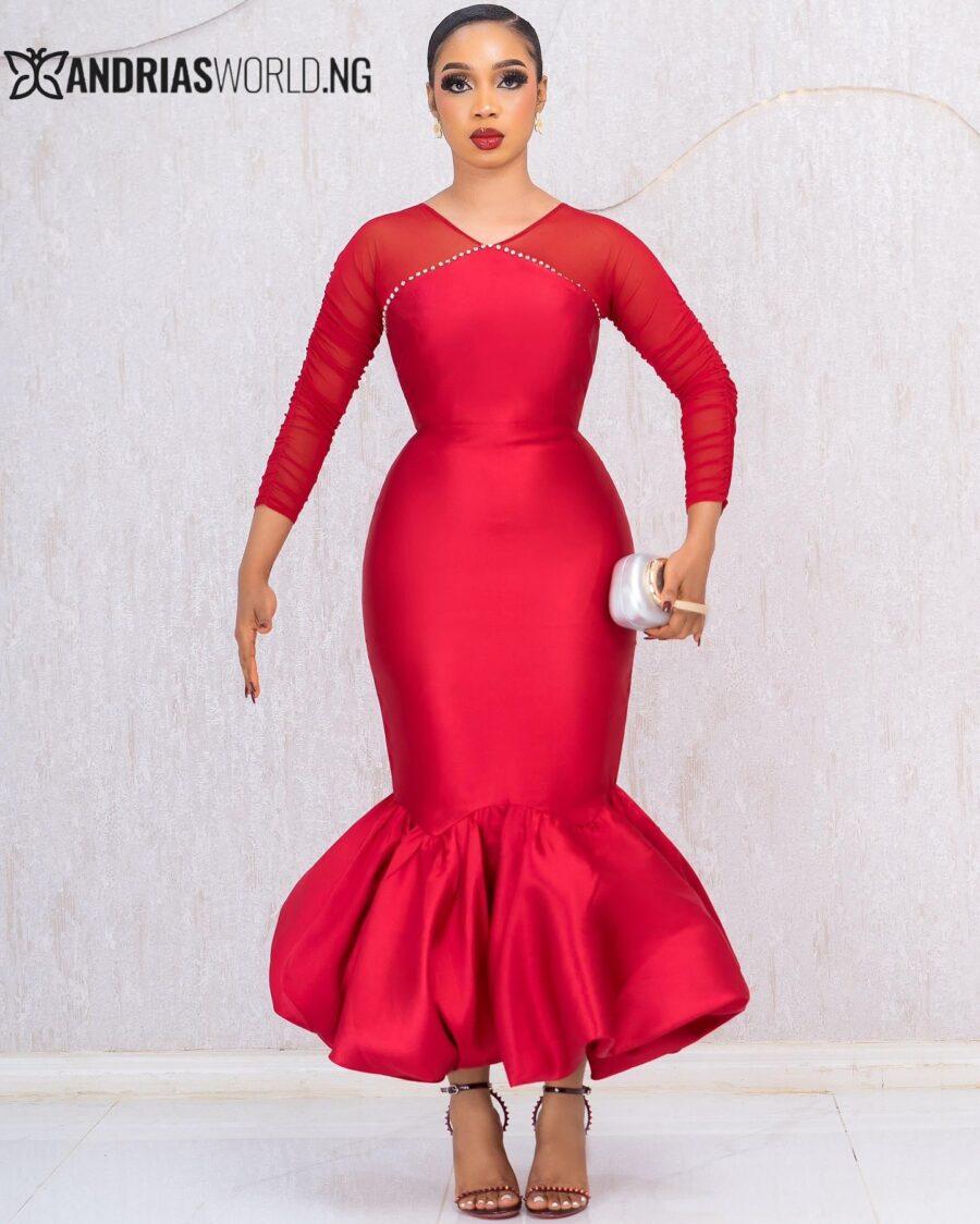 RED STUDDED FISH TAIL DRESS