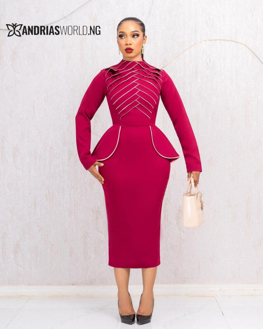 WINE LONG SLEEVES MIDI DRESS