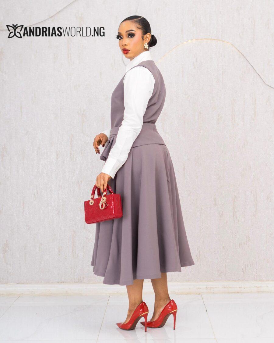 GREY THREE PIECE SKIRT SET WITH WHITE SHIRT