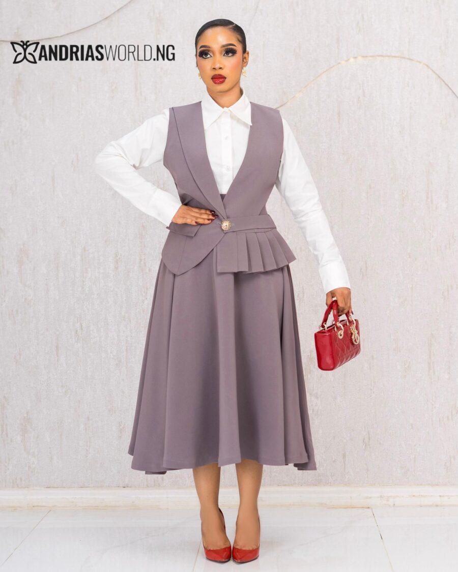 GREY THREE PIECE SKIRT SET WITH WHITE SHIRT