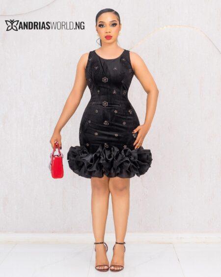 BLACK SUEDE PATTERN DRESS WITH RUFFLES