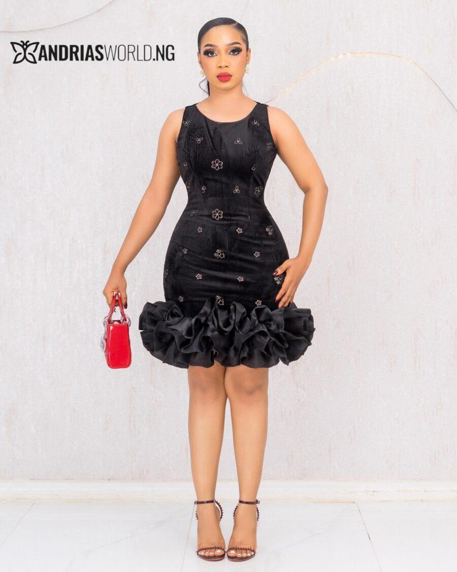 BLACK SUEDE PATTERN DRESS WITH RUFFLES