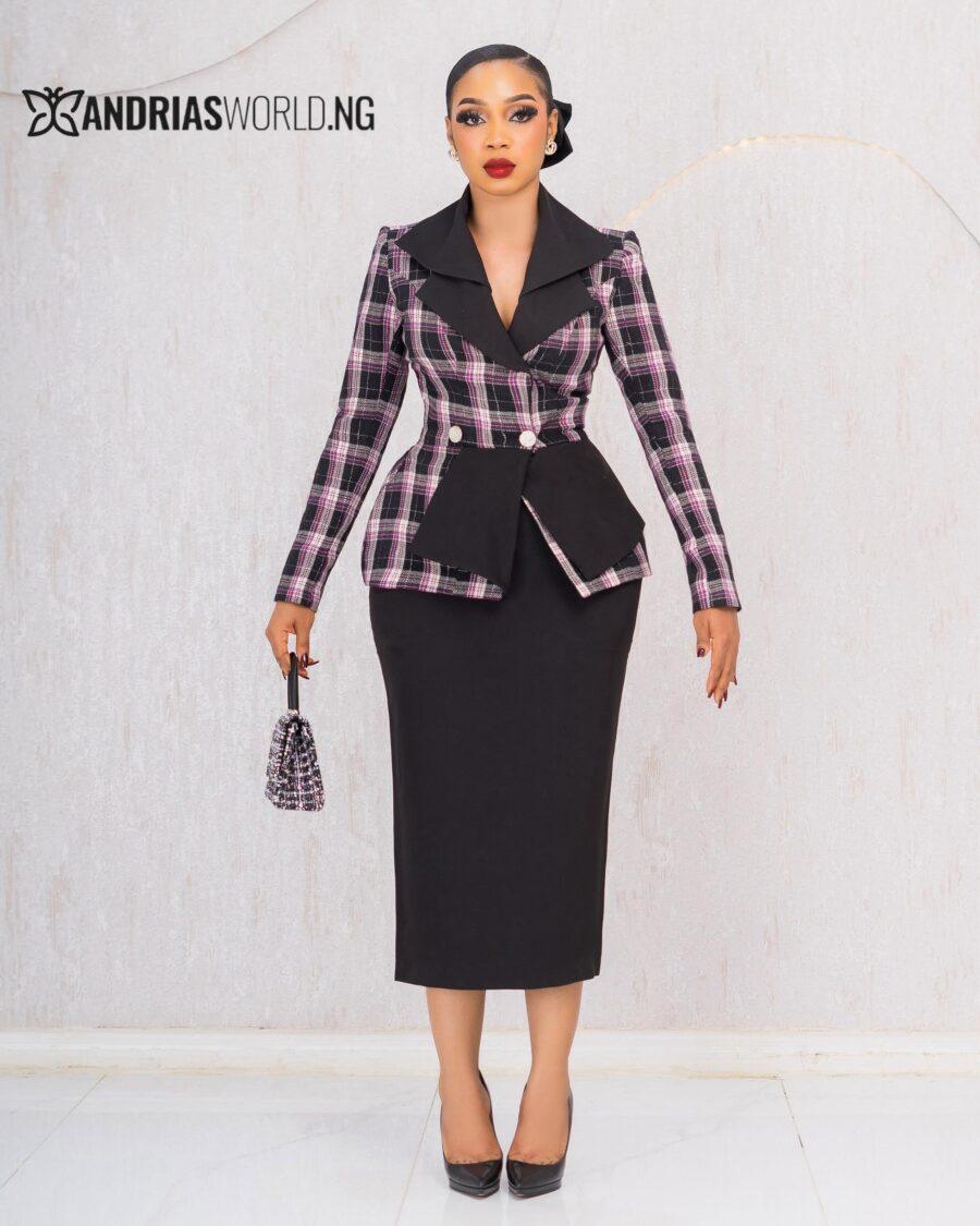 PURPLE CHECK BLAZER AND SKIRT SET
