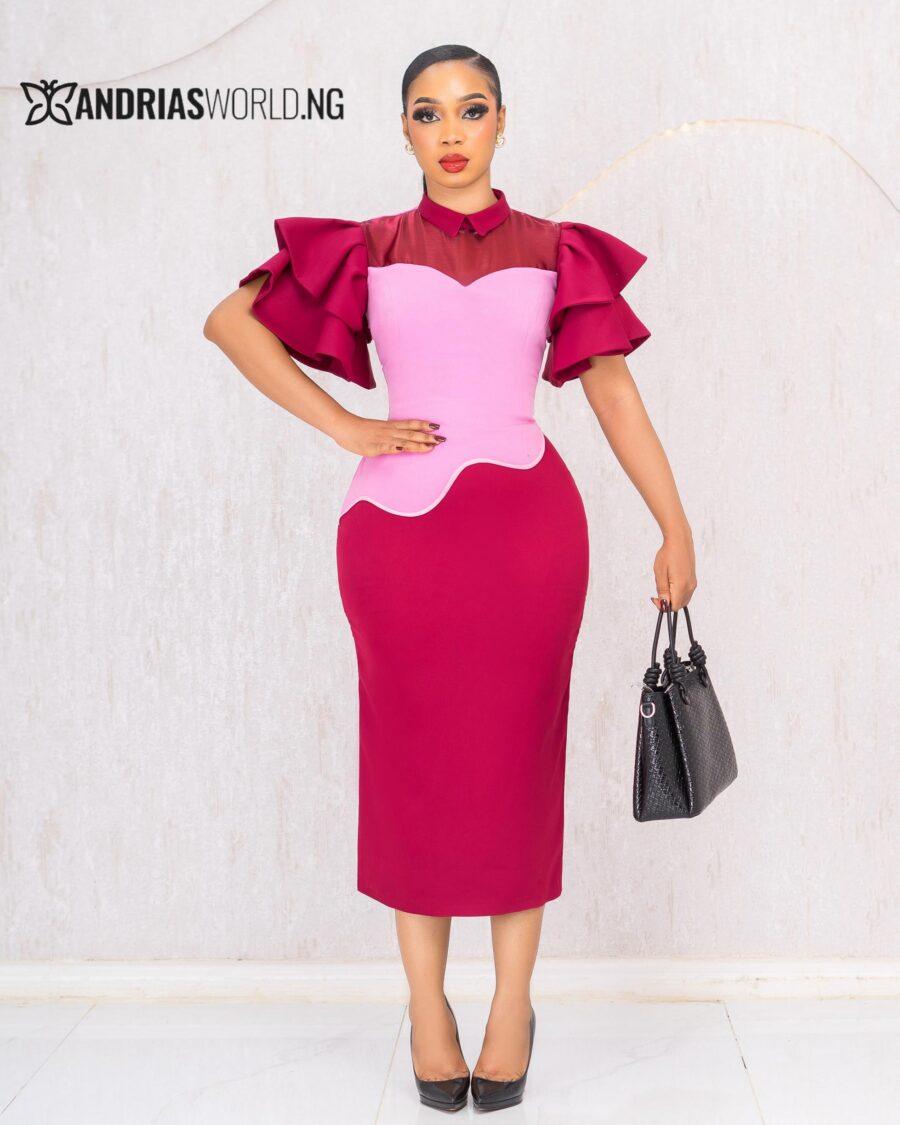 WINE AND PINK RUFFLE SLEEVES DRESS