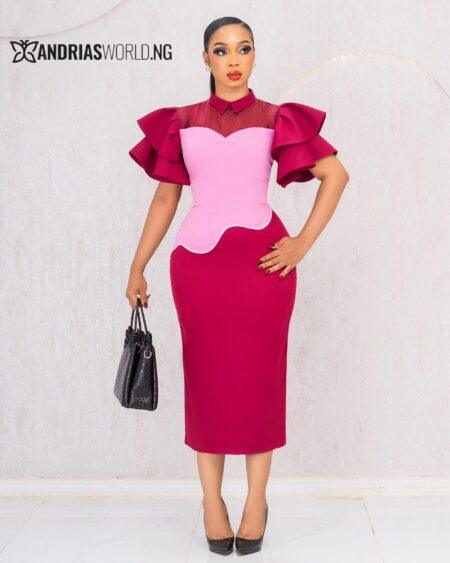 WINE AND PINK RUFFLE SLEEVES DRESS