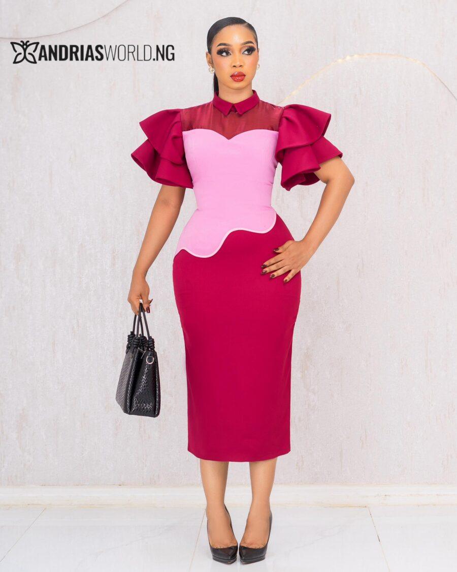 WINE AND PINK RUFFLE SLEEVES DRESS