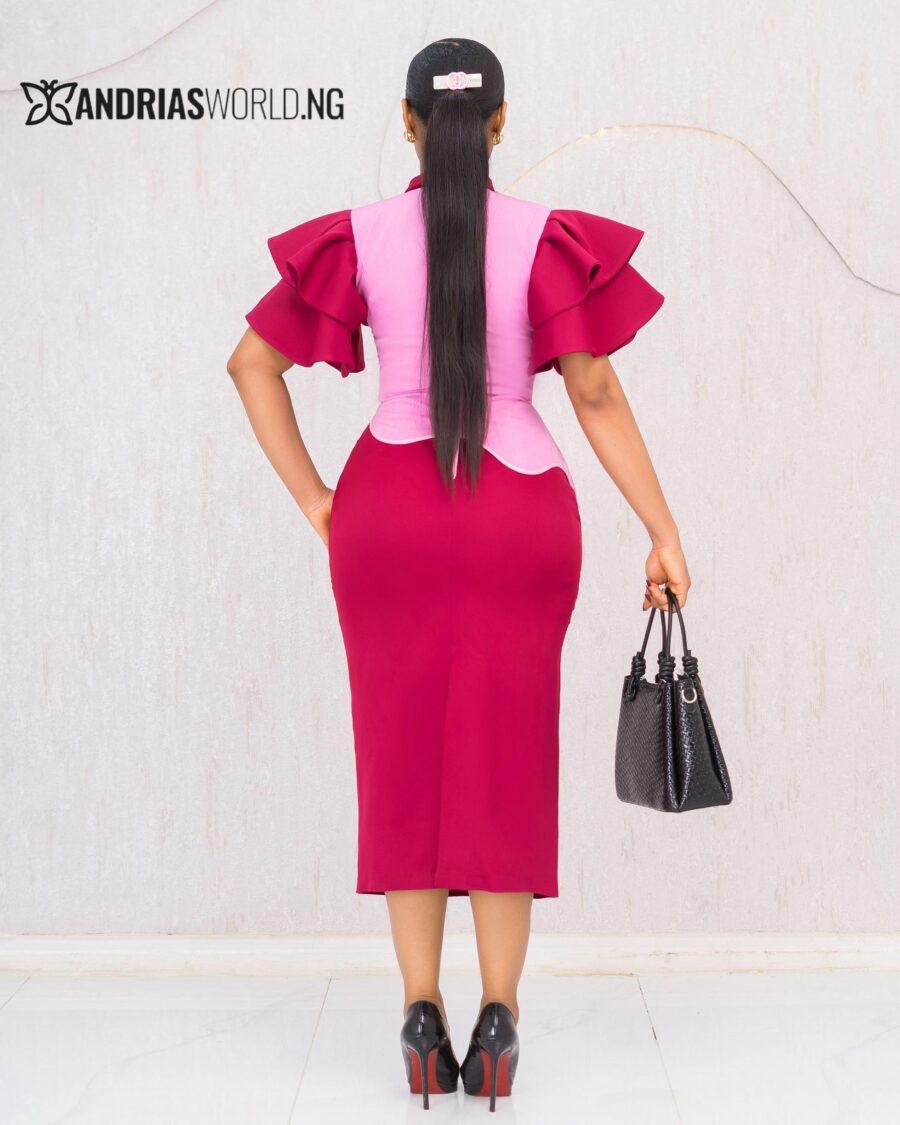 WINE AND PINK RUFFLE SLEEVES DRESS