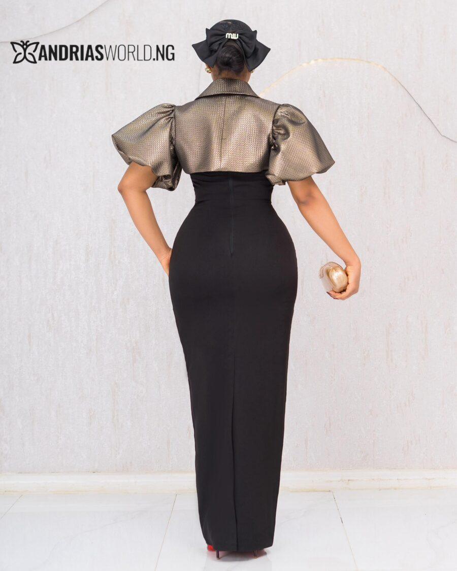 BLACK MAXI DRESS WITH DETACHABLE DAMASK SLEEVES