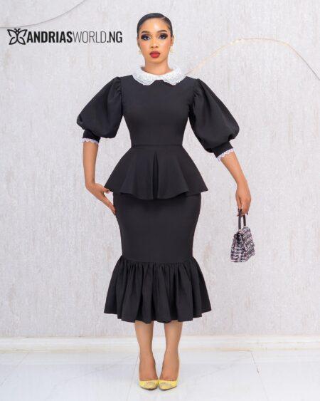 BLACK AND WHITE FISHTAIL DRESS WITH LACE DETAILS