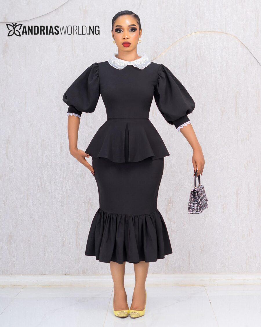 BLACK AND WHITE FISHTAIL DRESS WITH LACE DETAILS