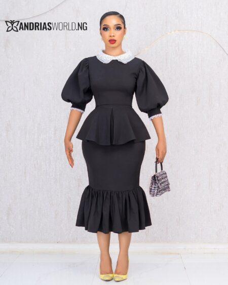 BLACK AND WHITE FISHTAIL DRESS WITH LACE DETAILS