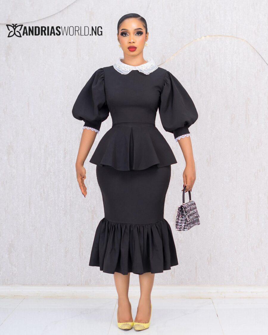 BLACK AND WHITE FISHTAIL DRESS WITH LACE DETAILS
