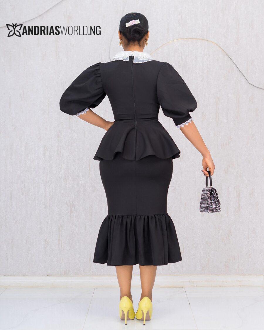 BLACK AND WHITE FISHTAIL DRESS WITH LACE DETAILS