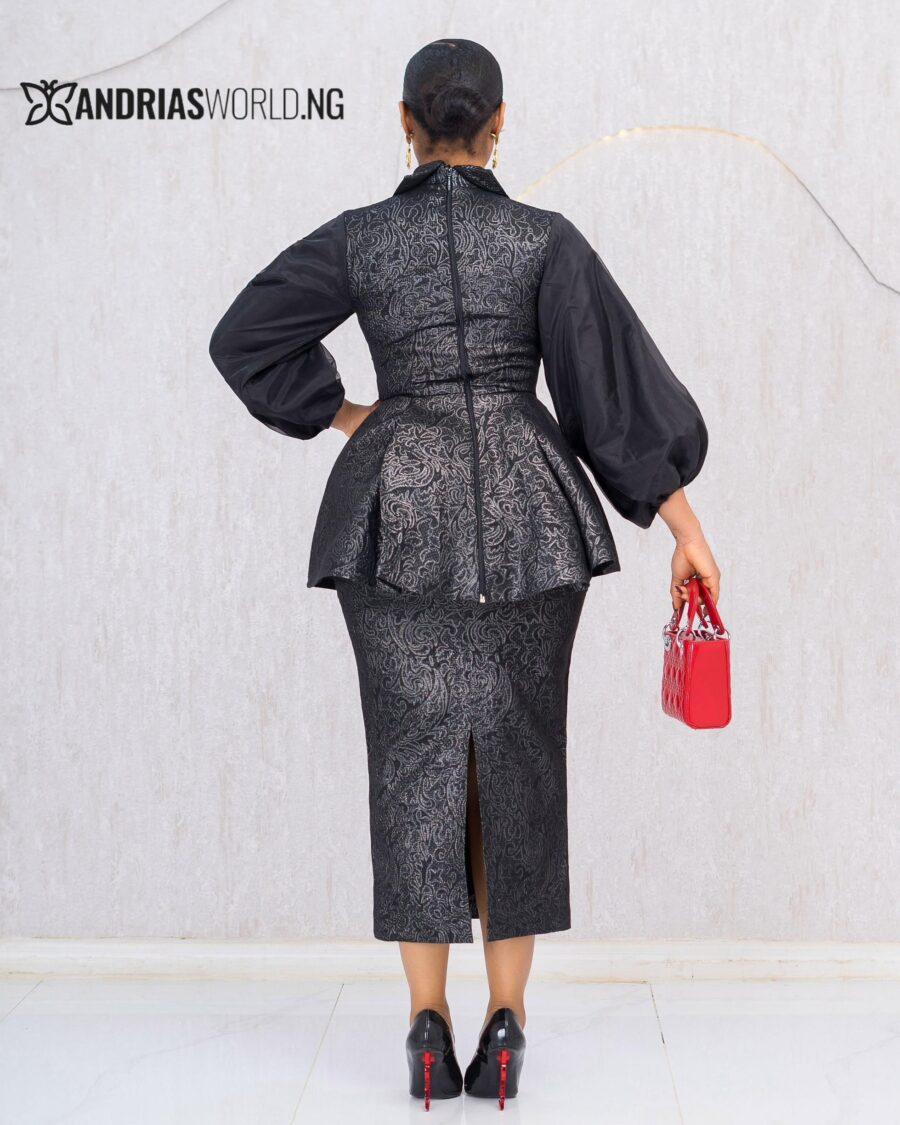 BLACK DAMADK SKIRT SET WITH ORGANDY SLEEVES