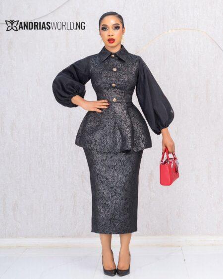 BLACK DAMADK SKIRT SET WITH ORGANDY SLEEVES