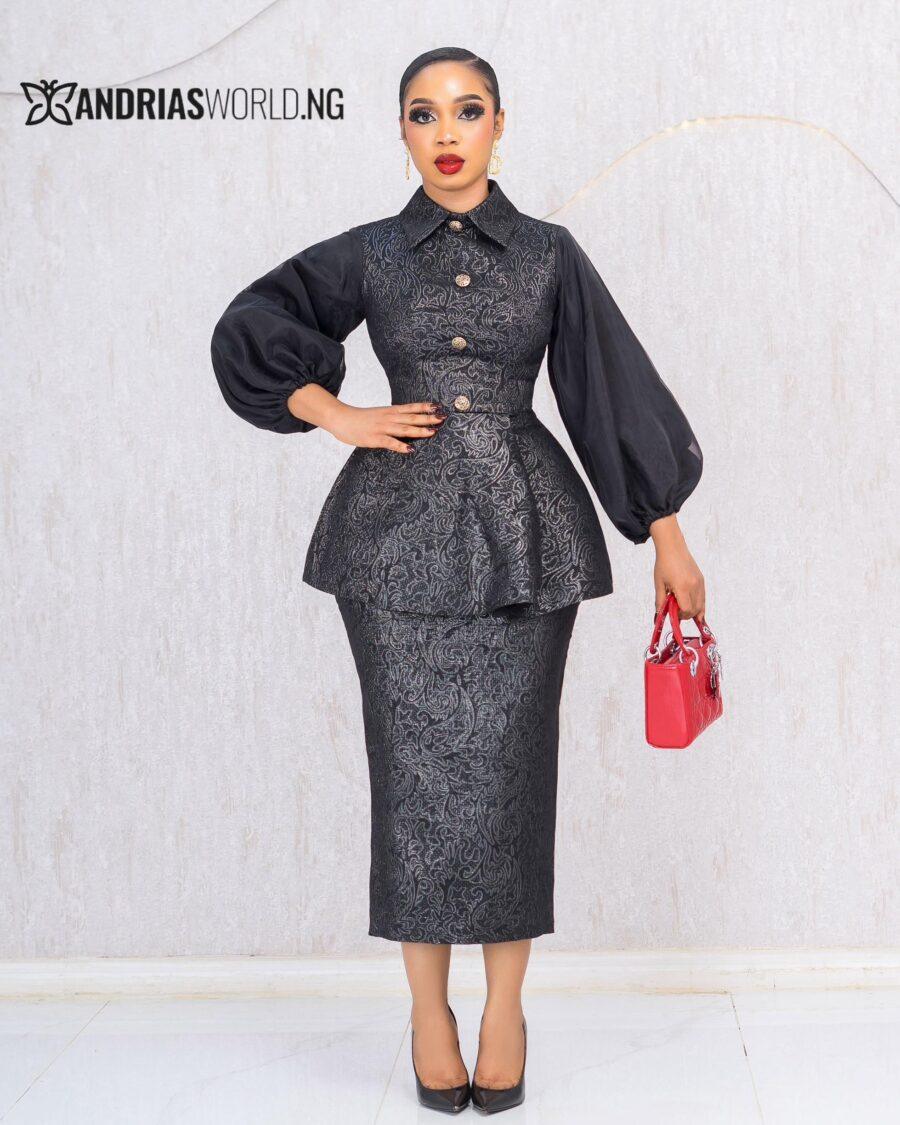 BLACK DAMADK SKIRT SET WITH ORGANDY SLEEVES