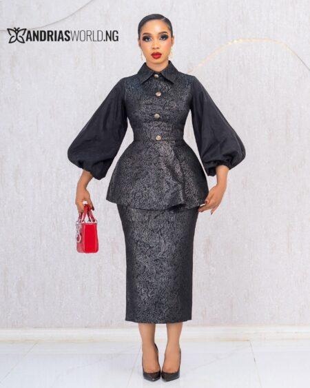 BLACK DAMADK SKIRT SET WITH ORGANDY SLEEVES