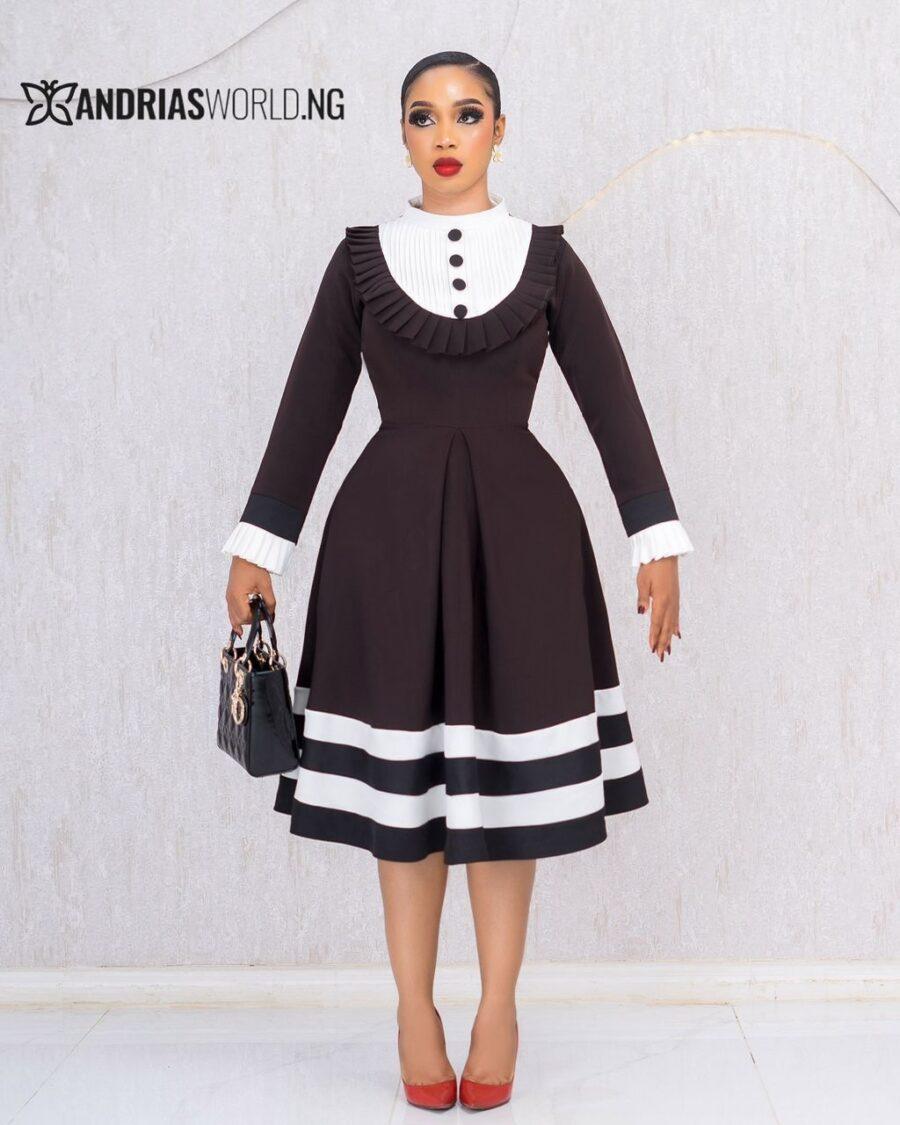 BROWN AND WHITE FLARE DRESS