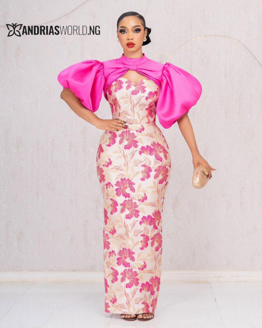 PINK DAMASK MAXI DRESS WITH DETACHABLE SLEEVES