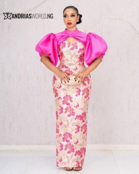PINK DAMASK MAXI DRESS WITH DETACHABLE SLEEVES