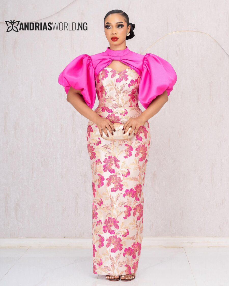 PINK DAMASK MAXI DRESS WITH DETACHABLE SLEEVES