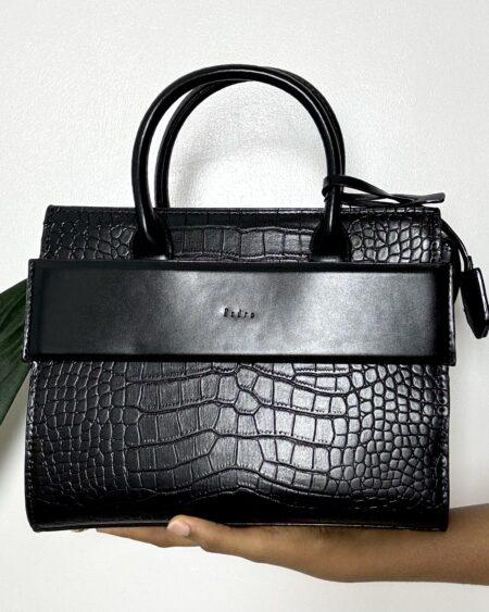 BLACK CROC LEATHER HANDBAG