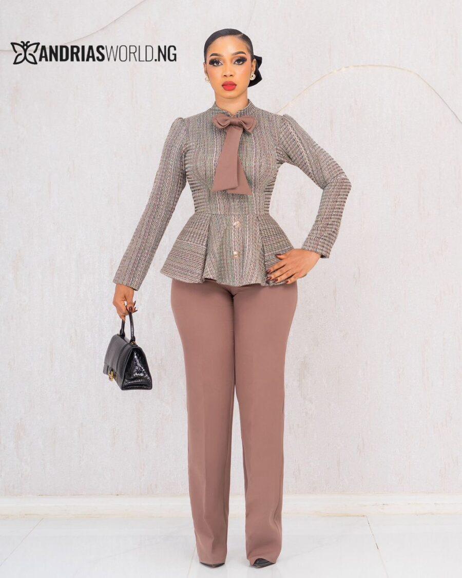 BROWN TWEED PEPLUM TROUSER SET WITH BOW