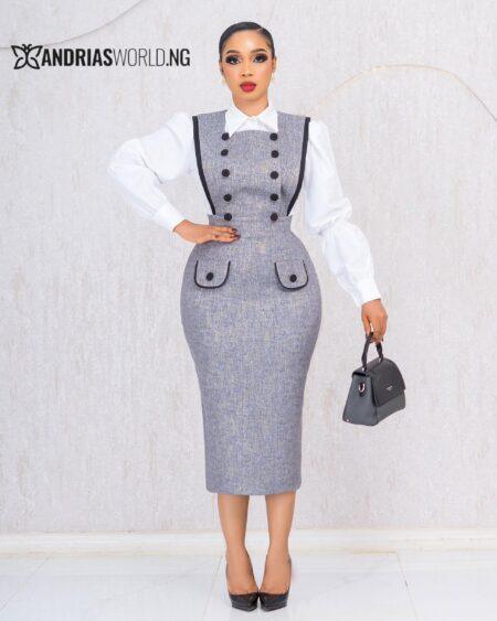 GREY PINAFORE DRESS WITH WHITE SHIRT