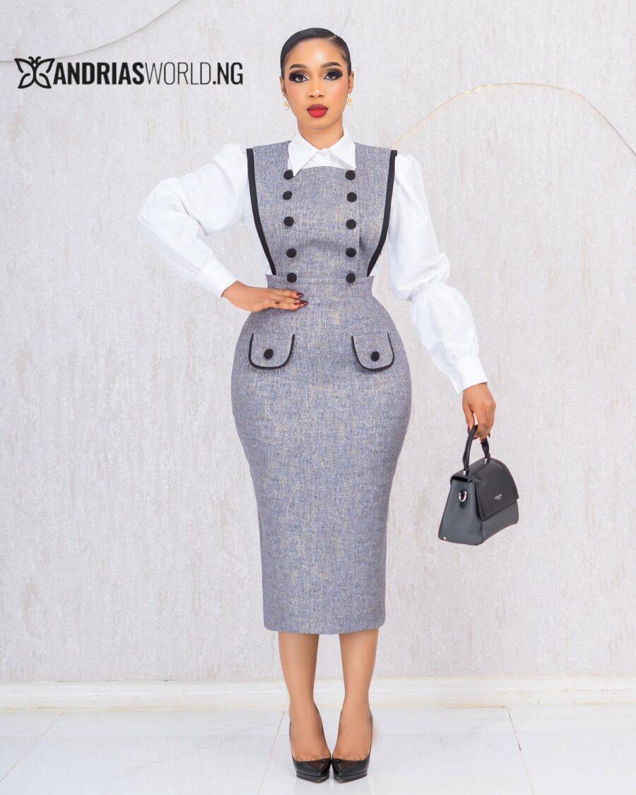 GREY PINAFORE DRESS WITH WHITE SHIRT