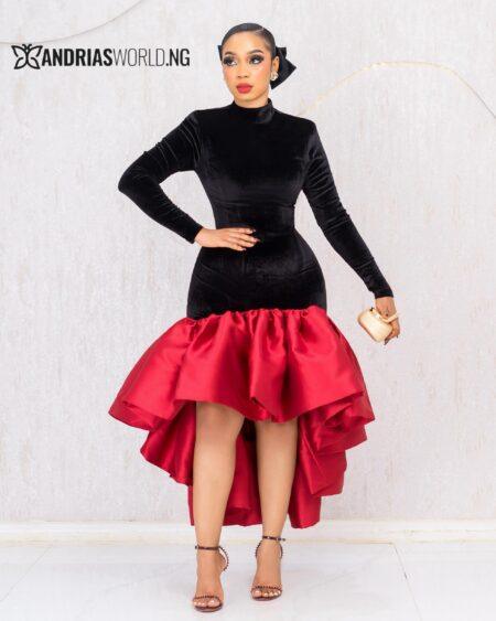 BLACK VELVET DRESS WITH RED MIKADO FINISH