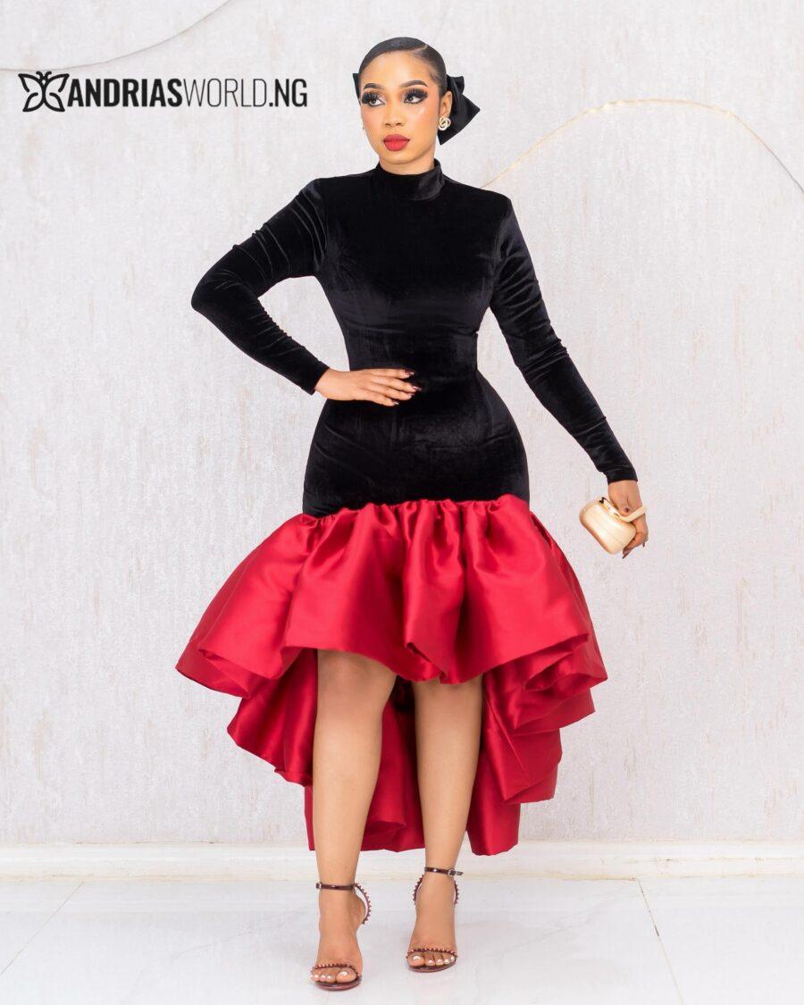 BLACK VELVET DRESS WITH RED MIKADO FINISH
