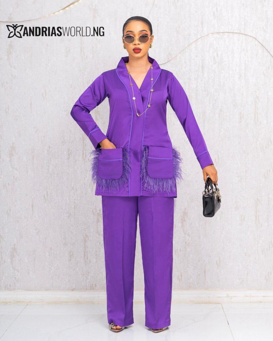 PURPLE TROUSER SET WITH FEATHERS